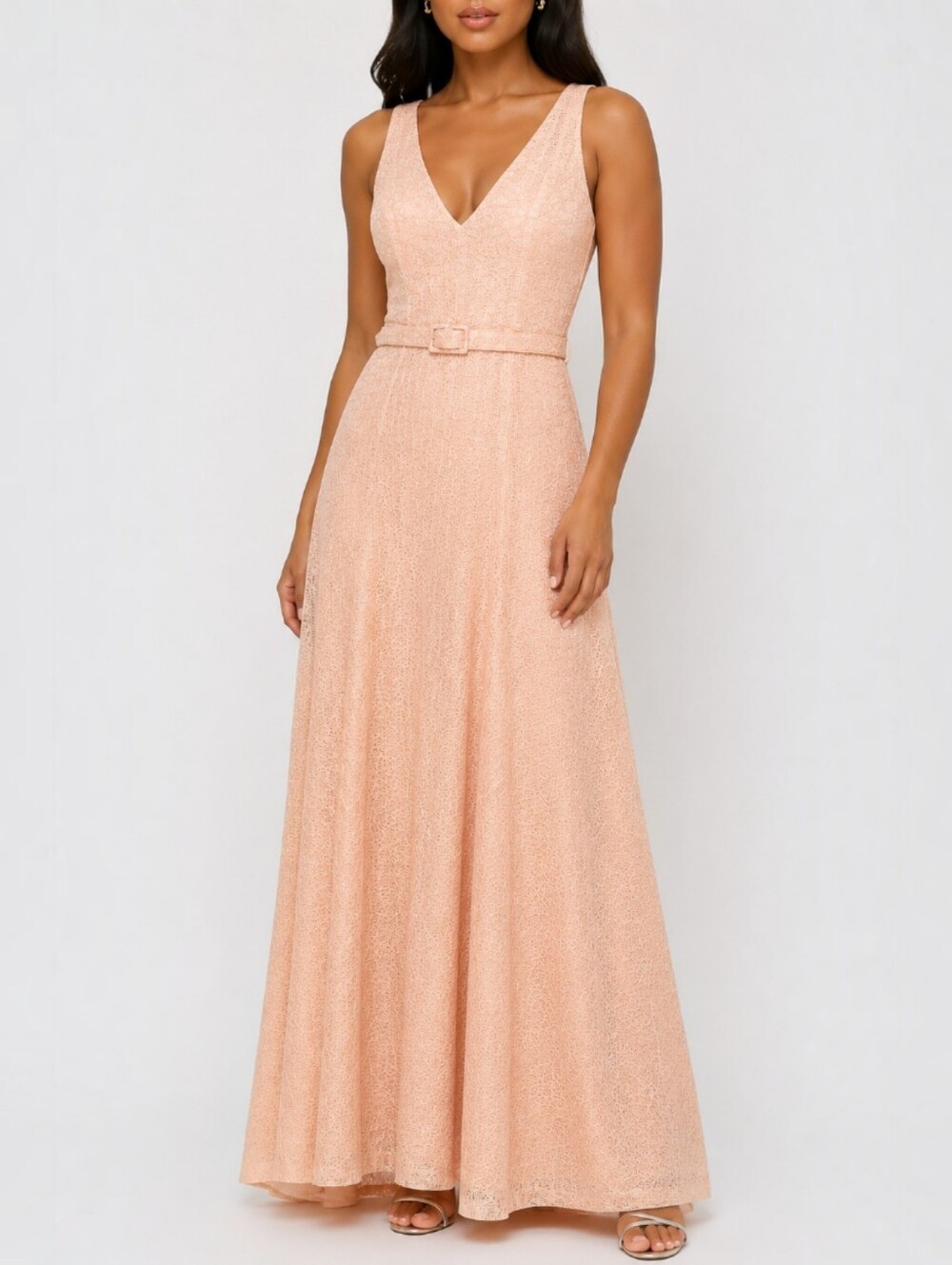 Belle Badgley Mischka Peach Textured Belted Gown Size 4 Formal Wedding Guest